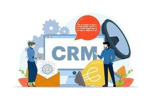 Concept of CRM, Customer Relationship Management, Organization of data about work with clients, Corporate Strategy Planning, Business Data Analysis, flat vector illustration on a white background.