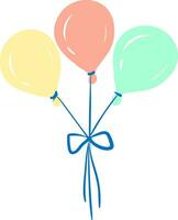 Three yellow peach and blue colored balloons tied together with a bow-like ribbon vector color drawing or illustration