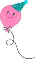 A pink balloon with smiling eyes and closed smile turning up to cheeks is wearing a blue party hat vector color drawing or illustration