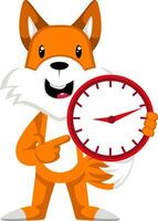 Fox con reloj, ilustración, vector sobre fondo blanco.