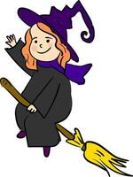 A smiling cartoon witch flying on a broom vector or color illustration