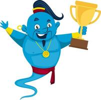 Genie with trophy, illustration, vector on white background.