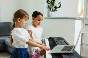 Home lesson on music for the girl on the piano. The idea of activities for the child at home during quarantine. Music concept photo