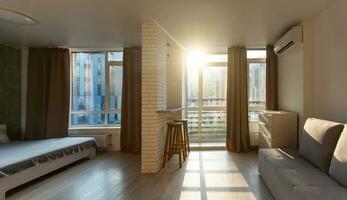 Interior of modern luxury apartment, empty attic, kitchen open space. photo