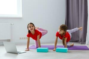 Beautiful athletic young girls practicing yoga together at home photo