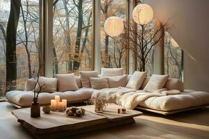 AI generated a modern living room with a cozy atmosphere. The room is filled with natural light from the large windows and the warm glow of the candles. photo