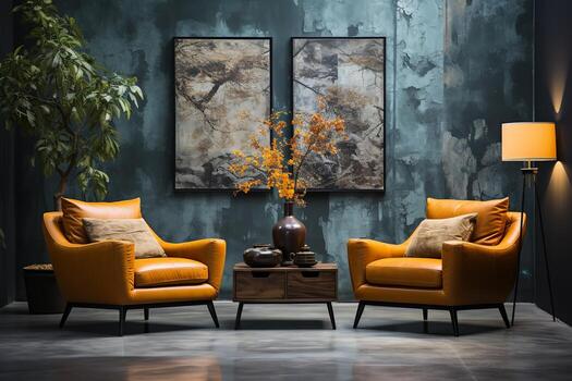 AI generated A modern living room with two yellow armchairs, a coffee table, a lamp, and a large abstract painting on the wall. The room is decorated with plants and has a dark color scheme photo