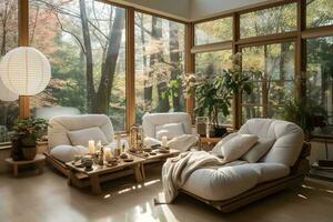 AI generated a photo-realistic image of a beautiful and cozy living room with a large window that allows natural light to enter the room. The room is decorated with plants, candles photo