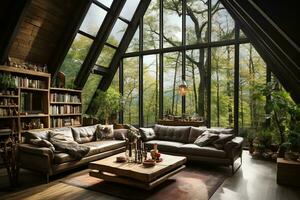AI generated Serene living room with a large window offering stunning views of a lush forest. The room is furnished with a comfortable couch, coffee table, and armchair photo