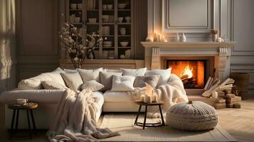 AI generated a cozy living room with a fireplace, white sofa, and various home decor items. The room is decorated in a neutral color palette with a focus on comfort and relaxation. photo