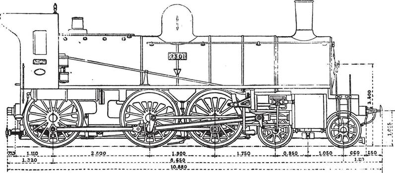 máquina tiene Tres ejes y el espectro parejas, el occidental ferrocarril, Clásico grabado. vector