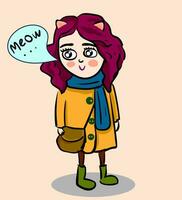 Basic RGBCartoon of cat girl in yellow coat and blue scarf vector illustration on white background.