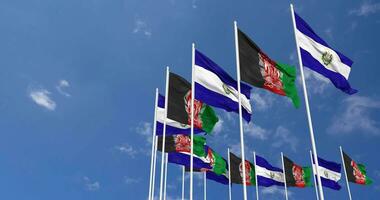 afghanistan och el salvador flaggor vinka tillsammans i de himmel, sömlös slinga i vind, Plats på vänster sida för design eller information, 3d tolkning video