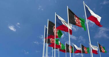 Afghanistan and Czech Republic Flags Waving Together in the Sky, Seamless Loop in Wind, Space on Left Side for Design or Information, 3D Rendering video