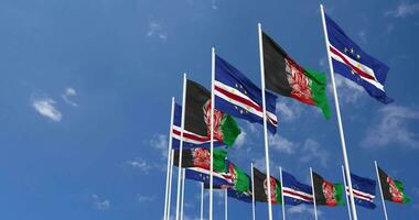 Afghanistan and Cape Verde, Cabo Verde Flags Waving Together in the Sky, Seamless Loop in Wind, Space on Left Side for Design or Information, 3D Rendering video