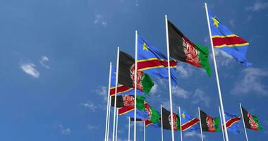 Afghanistan and DR Congo Flags Waving Together in the Sky, Seamless Loop in Wind, Space on Left Side for Design or Information, 3D Rendering video