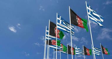 Afghanistan and Greece Flags Waving Together in the Sky, Seamless Loop in Wind, Space on Left Side for Design or Information, 3D Rendering video