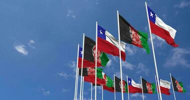 Afghanistan and Chile Flags Waving Together in the Sky, Seamless Loop in Wind, Space on Left Side for Design or Information, 3D Rendering video