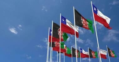 Afghanistan and Chile Flags Waving Together in the Sky, Seamless Loop in Wind, Space on Left Side for Design or Information, 3D Rendering video