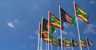 Afghanistan and Grenada Flags Waving Together in the Sky, Seamless Loop in Wind, Space on Left Side for Design or Information, 3D Rendering video