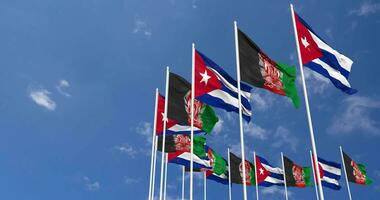 Afghanistan and Cuba Flags Waving Together in the Sky, Seamless Loop in Wind, Space on Left Side for Design or Information, 3D Rendering video