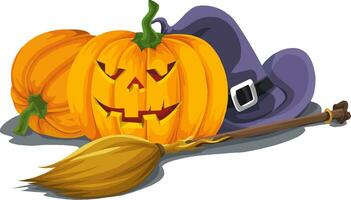 Vector of halloween pumpkin with witch's hat and broomstick.