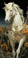 A majestic white horse with a golden saddle stands proudly on a hill, overlooking a lush green valley. photo