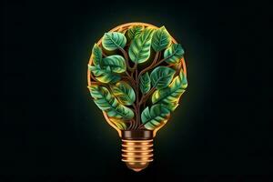 A stunning digital art of a light bulb with leaves growing out of it on a black background is a powerful symbol of new ideas, growth, and innovation. photo