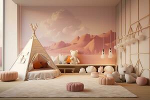 AI generated a children room with a cozy tent, stuffed animals, and a mountain mural on the wall. The room is decorated in soft pastel colors and has a modern design. photo