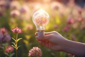 A light bulb with flowers inside is a beautiful and evocative image that symbolizes creativity, innovation, and growth. The light bulb represents the spark of new ideas photo