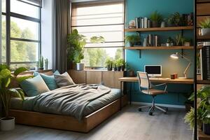 AI generated A modern bedroom with a wooden bed, desk, and plants. The room features large windows and a blue accent wall. The desk has a computer and a lamp on it. photo