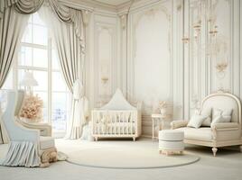 AI generated a luxurious white nursery room with a chandelier, luxurious furniture, and large windows with drapes. The room has a classical style with gold accents. photo