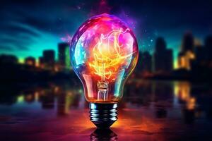 Colorful light bulb with city in the background, symbolizing creativity, innovation, and the future of the city. photo