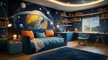 AI generated a modern bedroom with a space theme. The room features a blue sofa bed, a desk, a bookshelf, and a window with a view of a green landscape. The walls are decorated with planets, stars photo