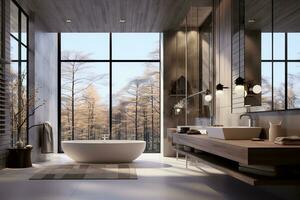 Ai Generated luxury bathroom with a freestanding white bathtub in front of a large window that offers breathtaking views of a lush green forest. The bathroom has white tile floors and white walls photo