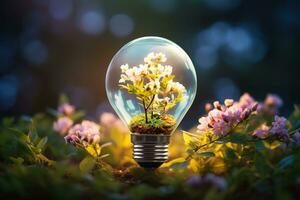 Lightbulb with a plant growing inside, representing creativity and sustainability. photo