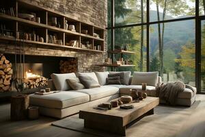 AI generated Inviting living room with a plush couch, wooden coffee table, and fireplace surrounded by a large window. The natural light streaming in creates a warm and inviting atmosphere photo