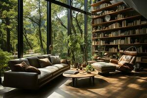 AI generated Inviting living room with a brown couch, gray coffee table, white bookshelves, and green plants. The couch is accented with pillows and a throw blanket photo
