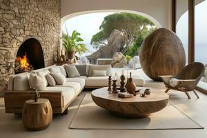 AI generated Stylish and inviting living room with a gray couch, coffee table, and fireplace. The couch is accented with pillows and a throw blanket, and the coffee table has a stack of woods photo