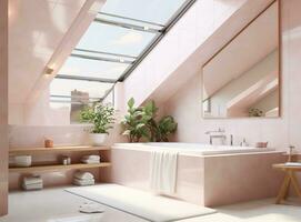 AI generated A rustic bathroom with a clawfoot bathtub, exposed beams, and natural light streaming in from the skylight. The clawfoot bathtub is the centerpiece of the room photo