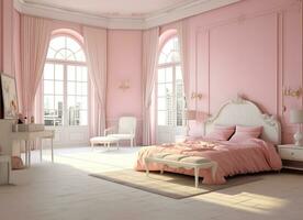 ai generado dormitorio con blanco paredes, rosado cama, blanco vestidor, y blanco silla, todas situado debajo un ventana foto