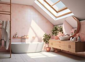 AI generated A modern white bathroom with a freestanding bathtub, double sinks, and skylight. The freestanding bathtub is the centerpiece of the room, and it is placed in front of a window. photo