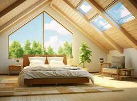 AI generated Bright and airy bedroom with white bed, skylights, and rug on wooden floor. The bed is neatly made with white sheets and pillows, and there is a lamp on the nightstand. photo