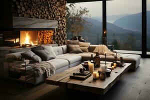 AI generated Inviting living room with a white couch, wooden coffee table, and large window offering stunning views of a lush forest. The room is decorated in bright, neutral tones photo