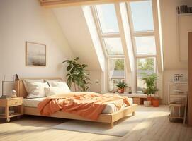 AI generated cozy bedroom with a bed, nightstand, shelves, skylights, and chair. The bed is made with a white duvet and pillows, and there is a rug on the floor. The nightstand has a lamp photo