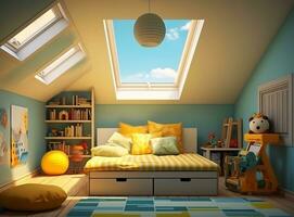 AI generated Bright and airy bedroom with white bed, skylights, and rug on wooden floor. The bed is neatly made with white sheets and pillows, and there is a lamp on the nightstand. photo