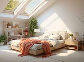 AI generated Charming rustic bedroom in Depok, Indonesia with wooden bed, shelves, and skylights. The bed is made with white sheets and a brown comforter photo