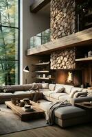 AI generated Inviting and spacious living room with a white couch, coffee table, and large window offering stunning views of a shimmering pool. The couch is accented with colorful pillows photo
