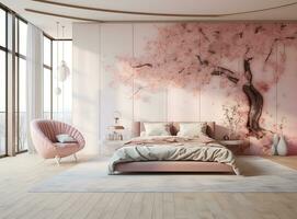 AI generated Dreamy bedroom with a cherry blossom tree mural. The mural depicts a beautiful cherry blossom tree in full bloom, with delicate pink flowers and lush green leaves. photo