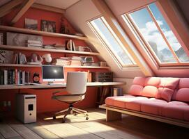 AI generated A cozy attic office with a computer and couch, decorated with books and pictures. The computer is sitting on a desk in the attic, and the couch is next to it. photo